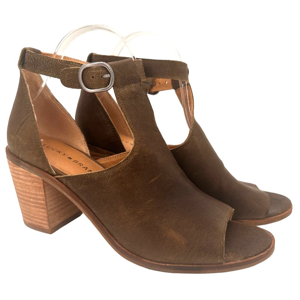 Lucky Brand Green Leather Kadian Block Heel Sandals Size 8.5